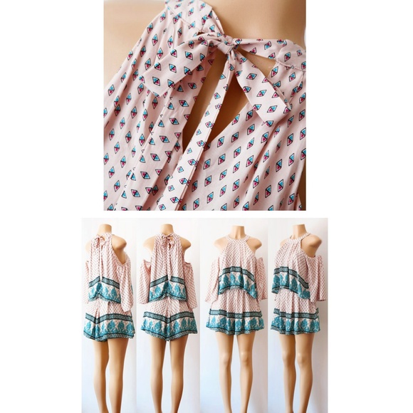 Taupe Pink Mock Neck Cold Shoulder Pleated Romper - Picture 4 of 8